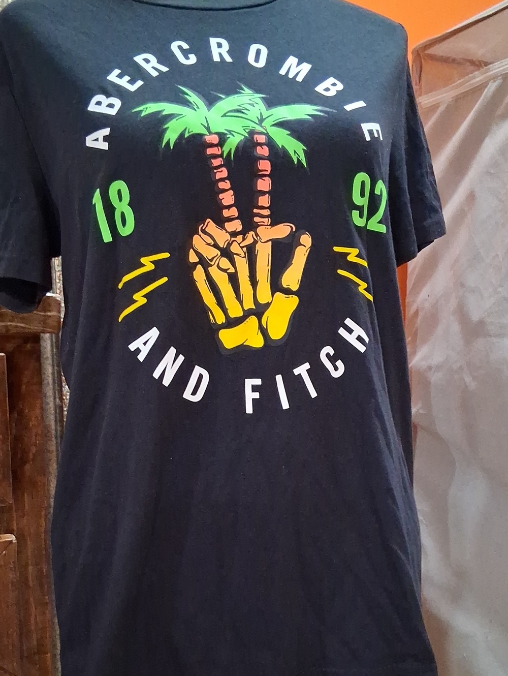 abercrombie kids Black Tee with Neon Green Palm and Yellow Skeleton Graphic